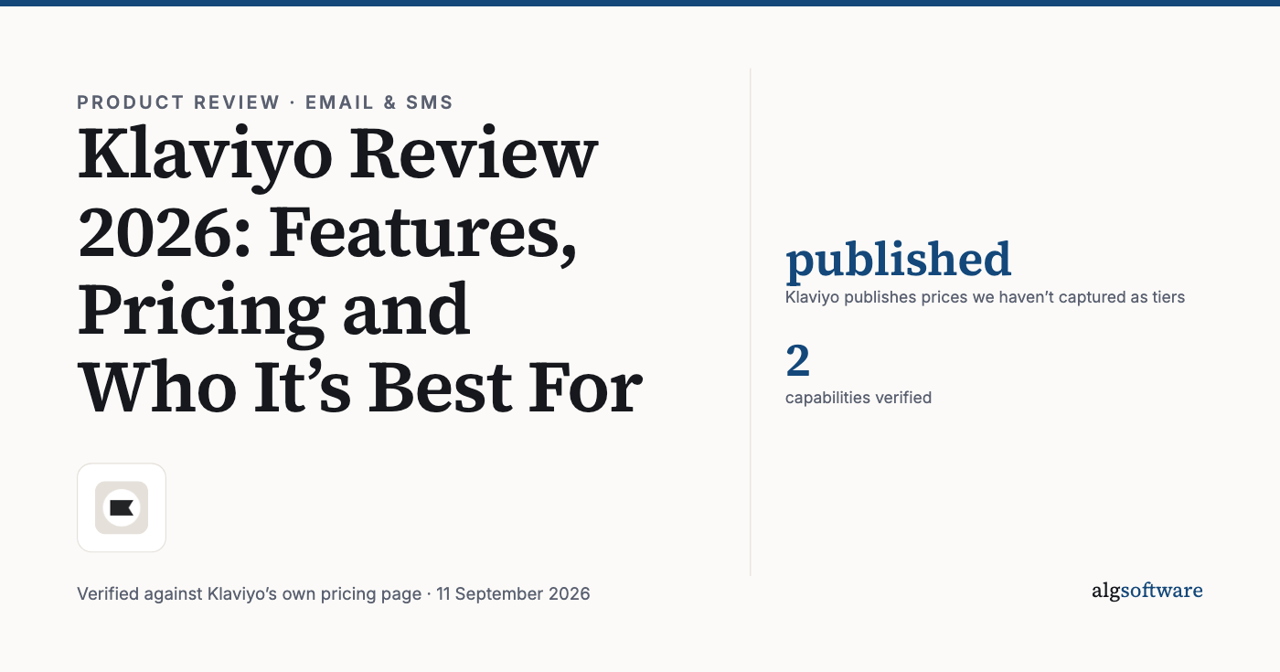 Summary card: published, Klaviyo publishes prices we haven’t captured as tiers; 2, capabilities verified.