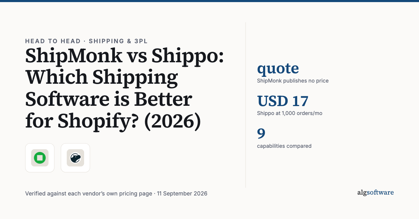 Summary card: quote, ShipMonk publishes no price; USD 17, Shippo at 1,000 orders/mo; 9, capabilities compared.