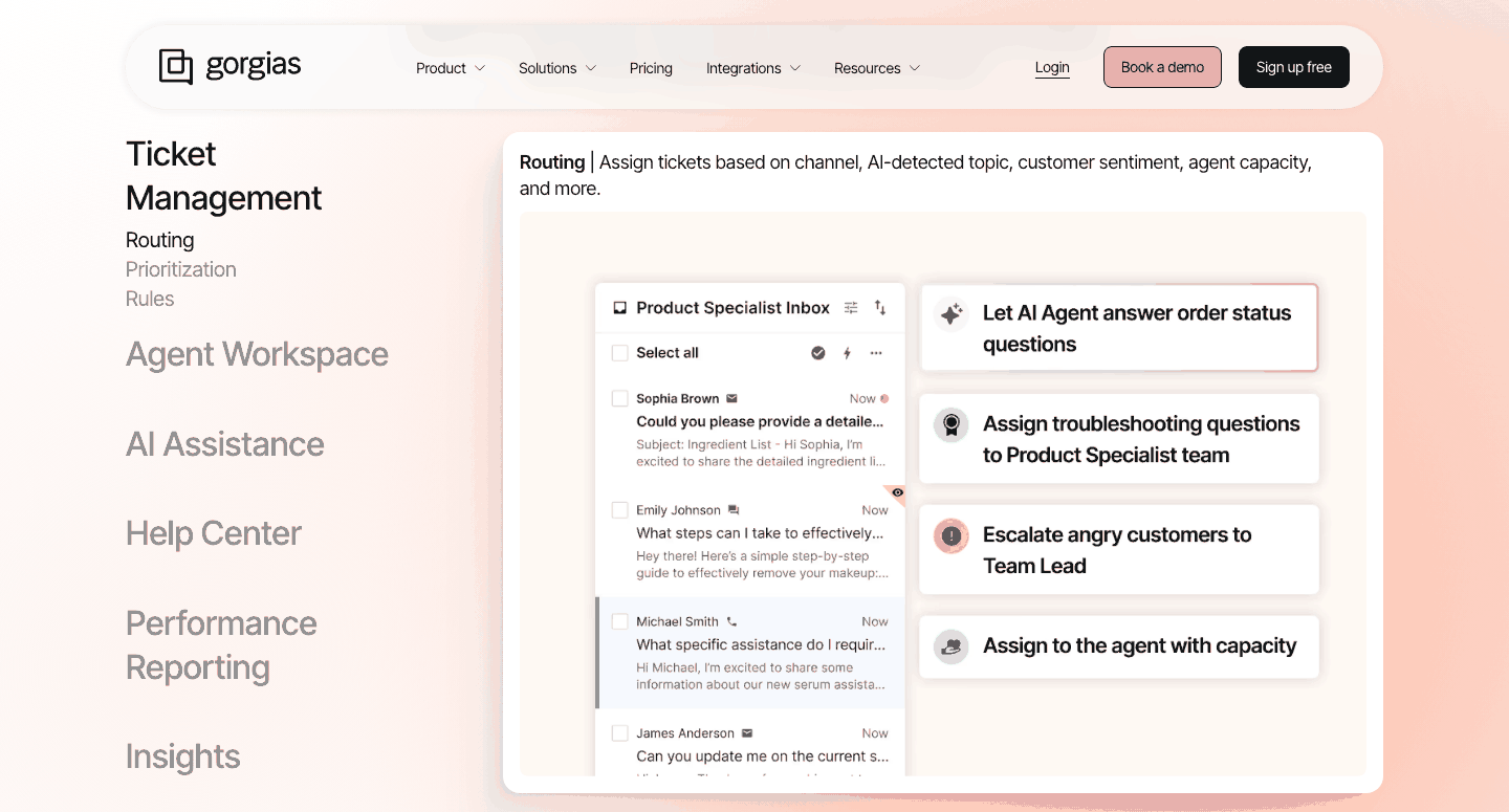 The Ticket Management section of Gorgias' helpdesk page: a side list running Routing, Prioritization and Rules, then Agent Workspace, AI Assistance, Help Center, Performance Reporting and Insights, beside a Routing panel. Inside it a “Product Specialist Inbox” lists tickets from Sophia Brown, Emily Johnson, Michael Smith and James Anderson, each timestamped Now with an email, chat or phone channel icon, next to four routing-rule cards: let AI Agent answer order status questions, assign troubleshooting questions to the Product Specialist team, escalate angry customers to Team Lead, and assign to the agent with capacity