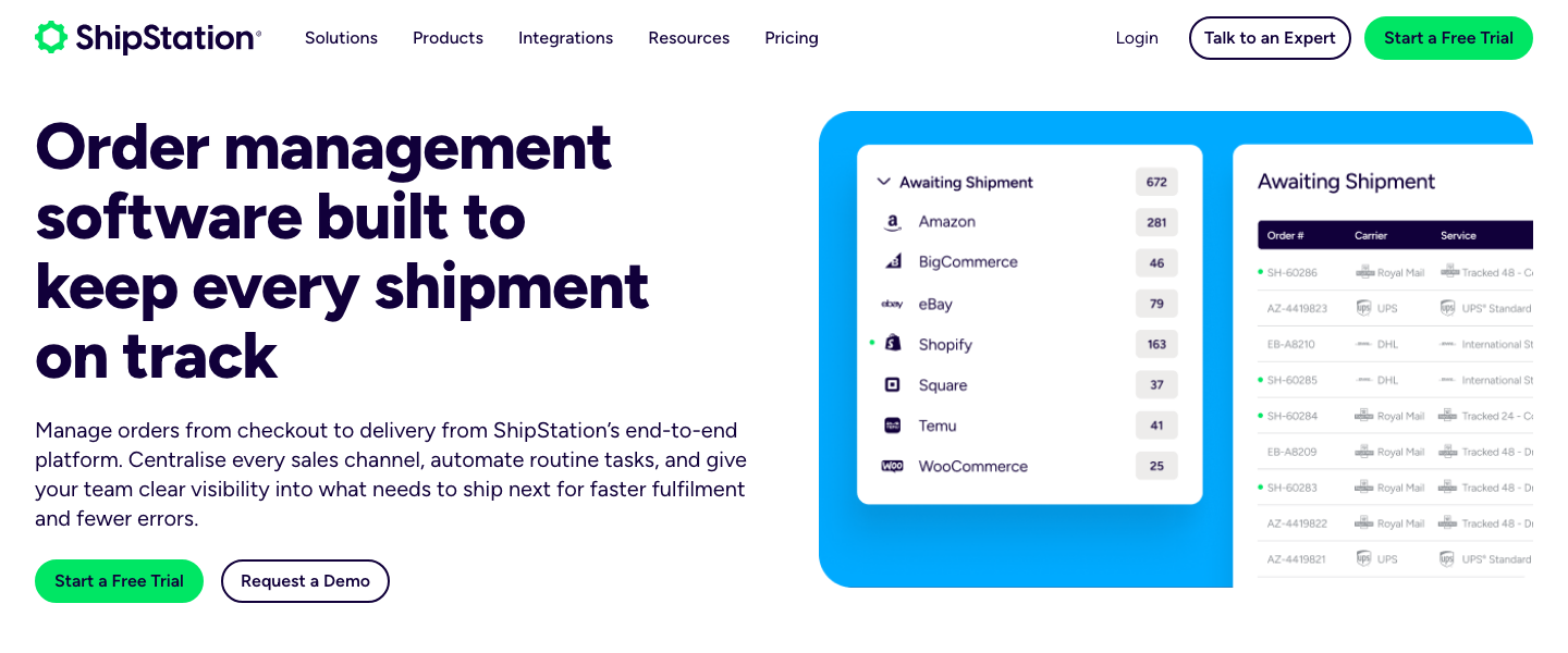 ShipStation's UK order-management page beside its order screen: an “Awaiting Shipment” sales-channel breakdown totalling 672 — Amazon 281, BigCommerce 46, eBay 79, Shopify 163, Square 37, Temu 41, WooCommerce 25 — next to an “Awaiting Shipment” order grid with Order #, Carrier and Service columns listing SH-60286, AZ-4419823, EB-A8210, SH-60285, SH-60284, EB-A8209, SH-60283, AZ-4419822 and AZ-4419821 against Royal Mail, UPS and DHL services such as Tracked 48, Tracked 24, UPS Standard and International Standard